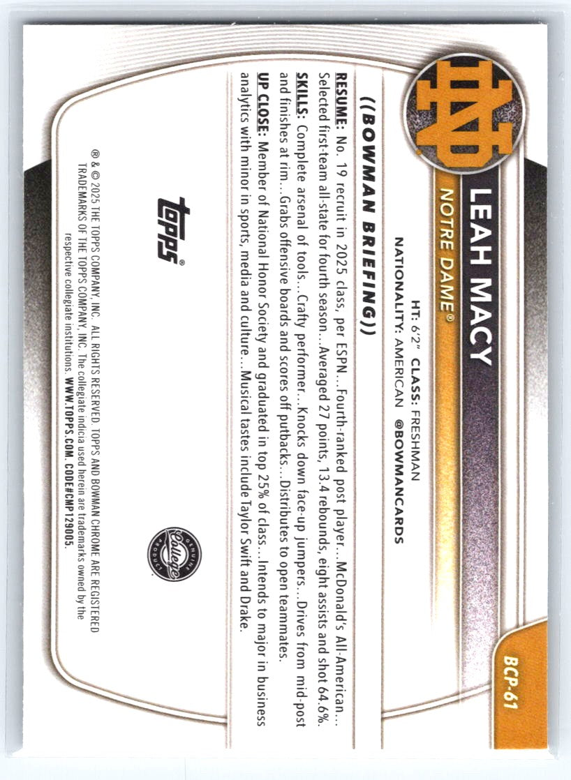 2025-26 Bowman #BCP-61 Leah Macy Chrome Prospects Reptilian Refractor