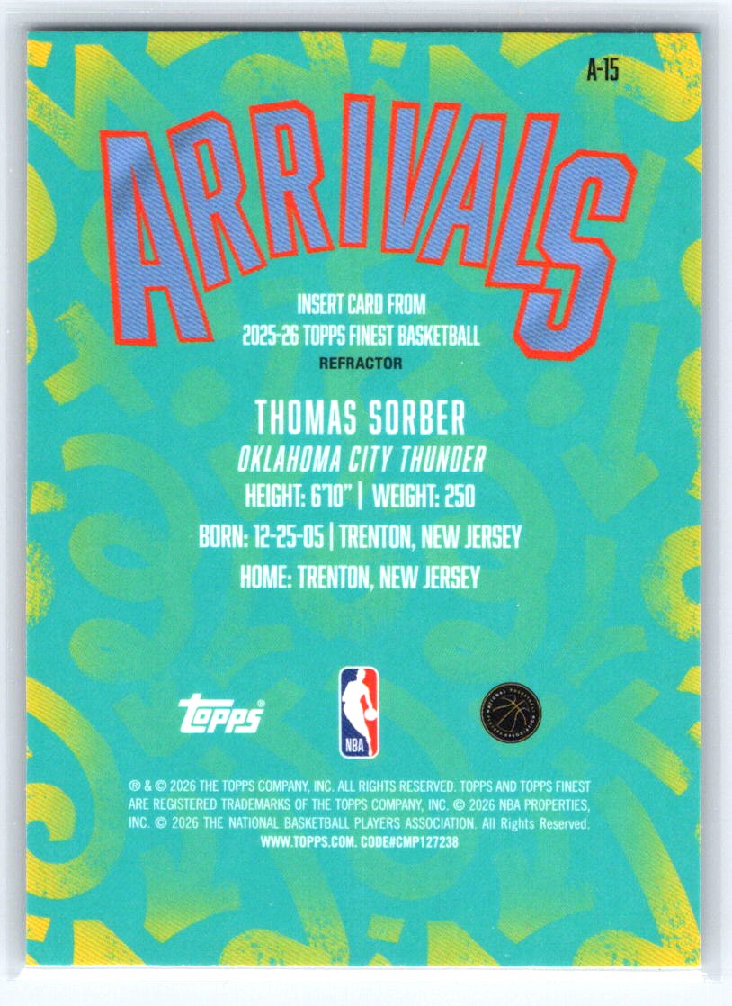 2025-26 Finest #A-15 Thomas Sorber Arrivals