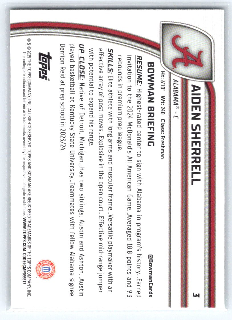 2024-25 Bowman University Chrome #3 Aiden Sherrell Green Shimmer Refractor