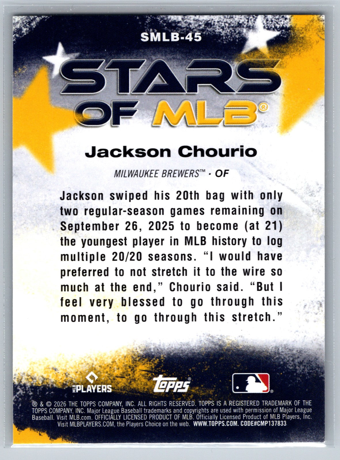 2026 Topps #SMLB-45 Jackson Chourio Stars of MLB