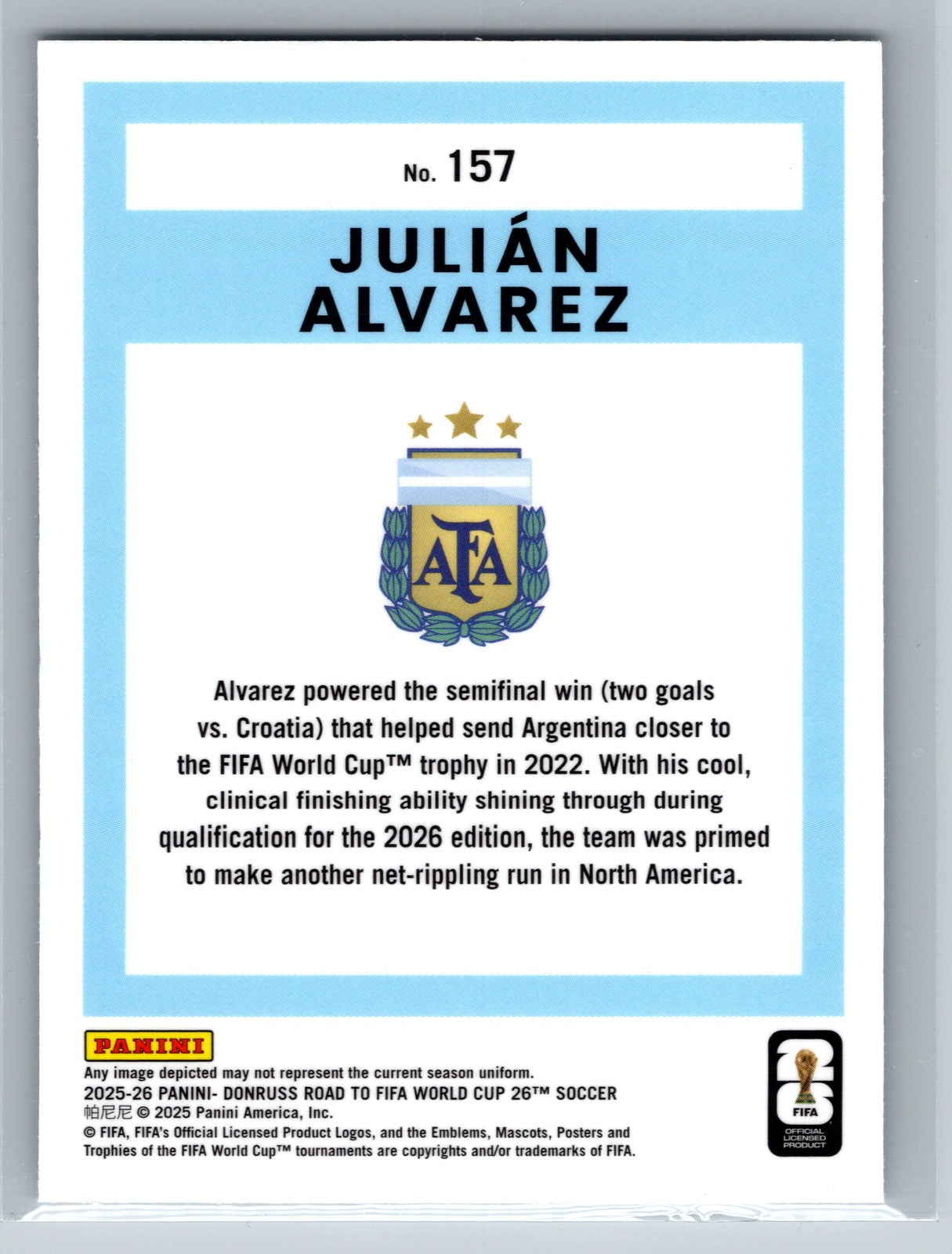 2025-26 Donruss Road to FIFA World Cup #157 Julian Alvarez Optic