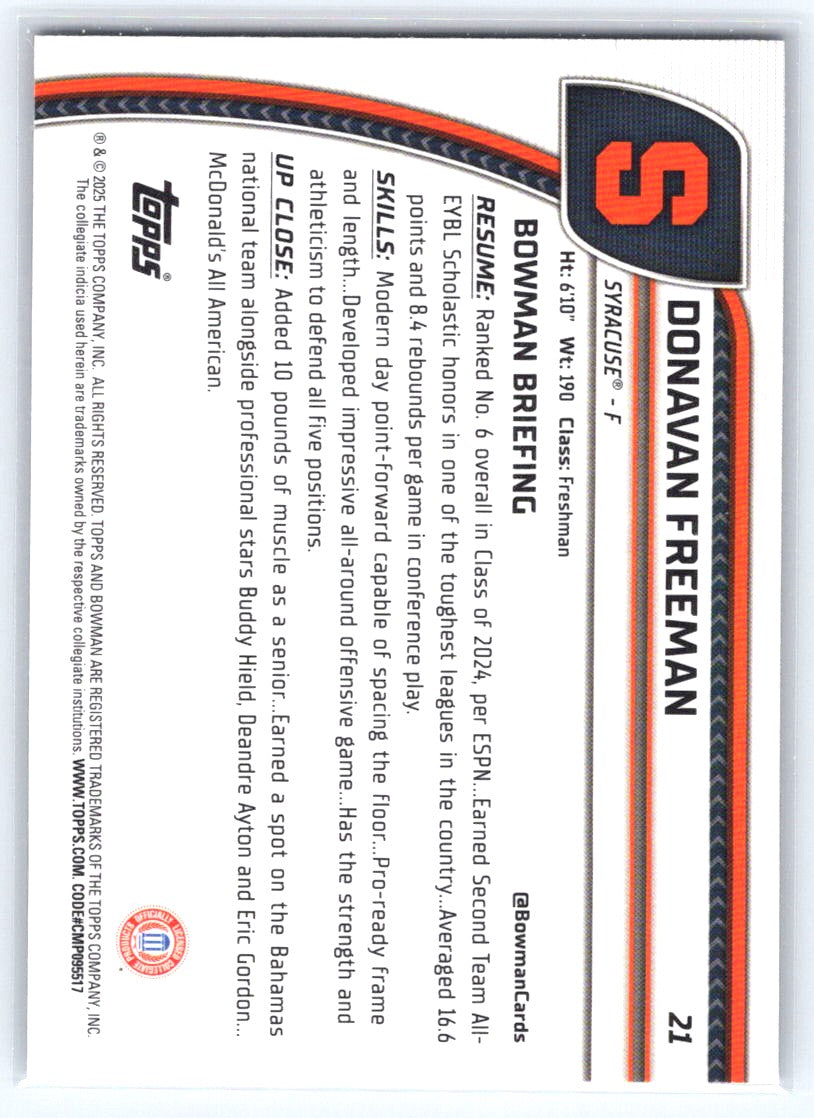 2024-25 Bowman University Chrome #21 Donavan Freeman Black Wave Refractor