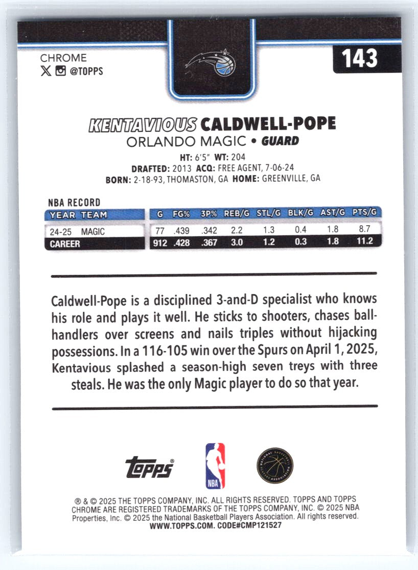 2025-26 Topps Chrome #143 Kentavious Caldwell-Pope Blue Refractor #/150