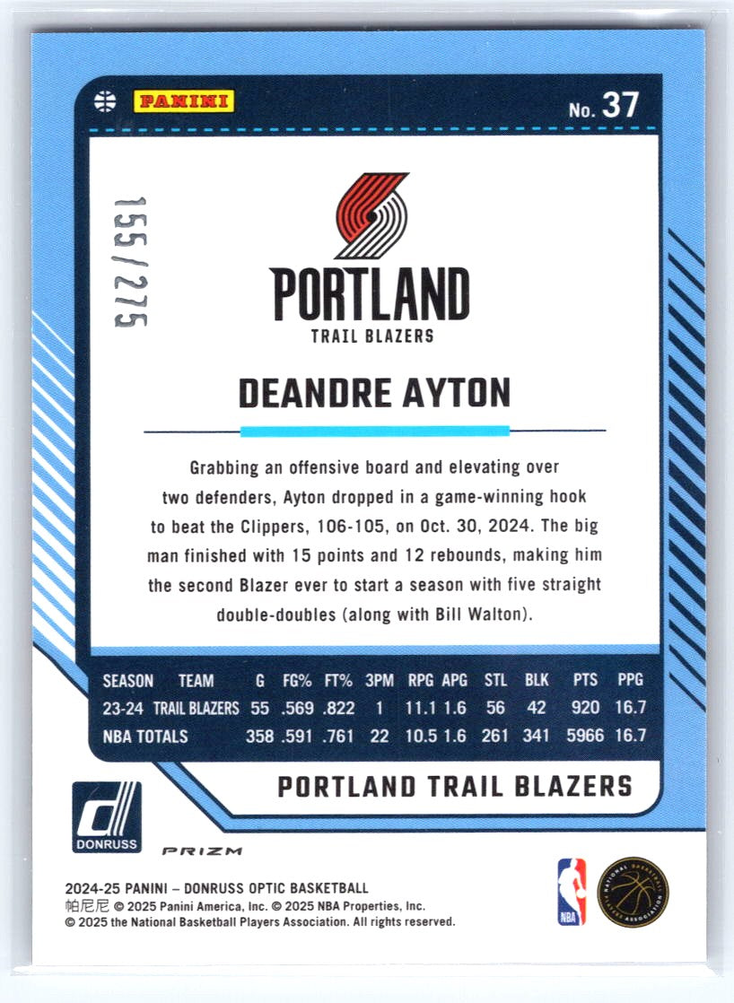 2024-25 Donruss Optic #37 Deandre Ayton Purpule Glitter #/275
