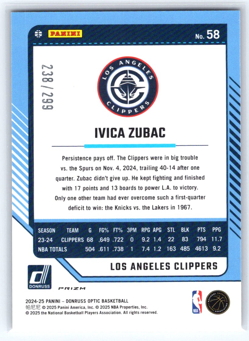2024-25 Donruss Optic #58 Ivica Zubac Hyper Orange #/299