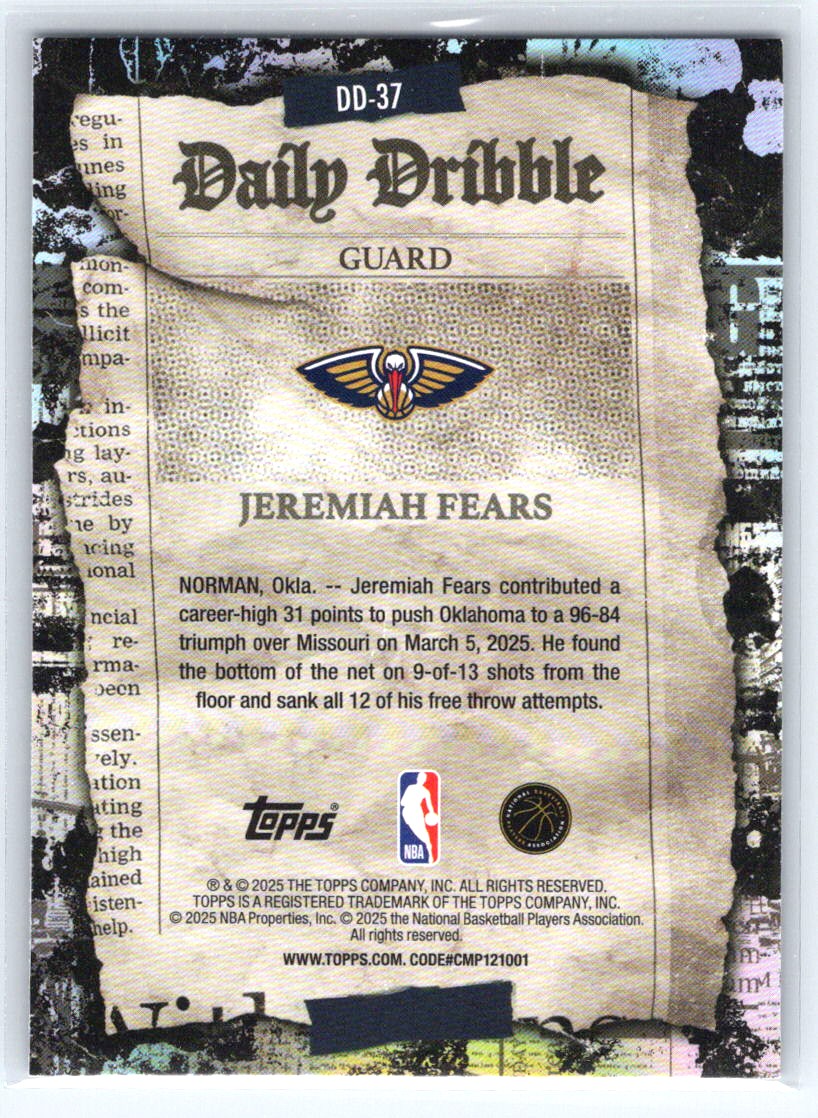 2025-26 Topps #DD-37 Jeremiah Fears The Daily Dribble