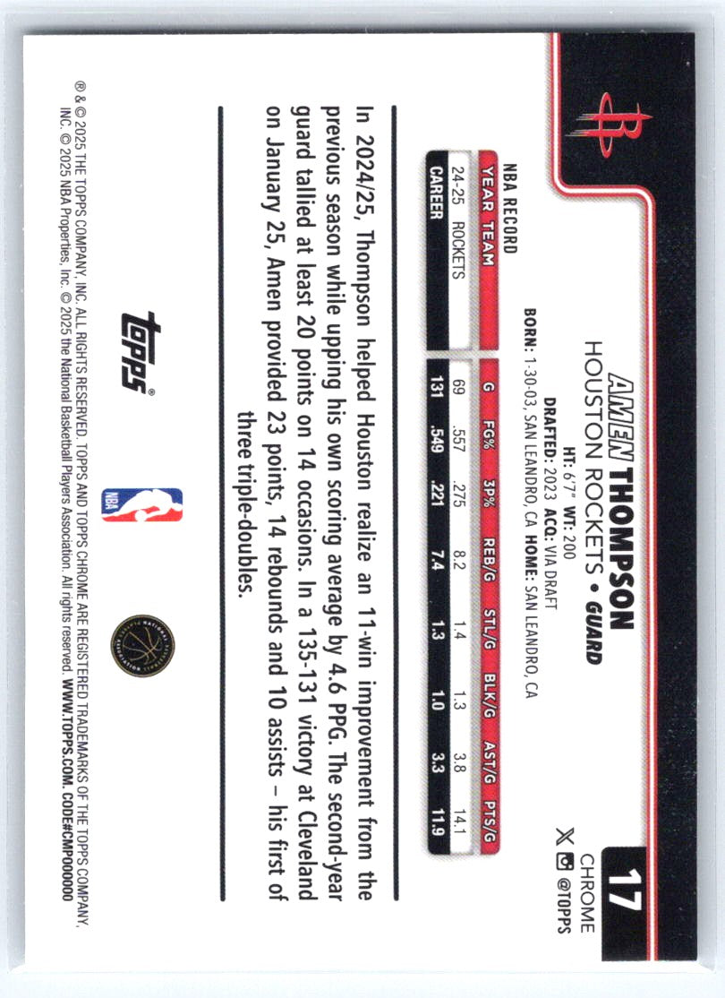 2025-26 Topps Chrome #17 Amen Thompson Prism Refractor