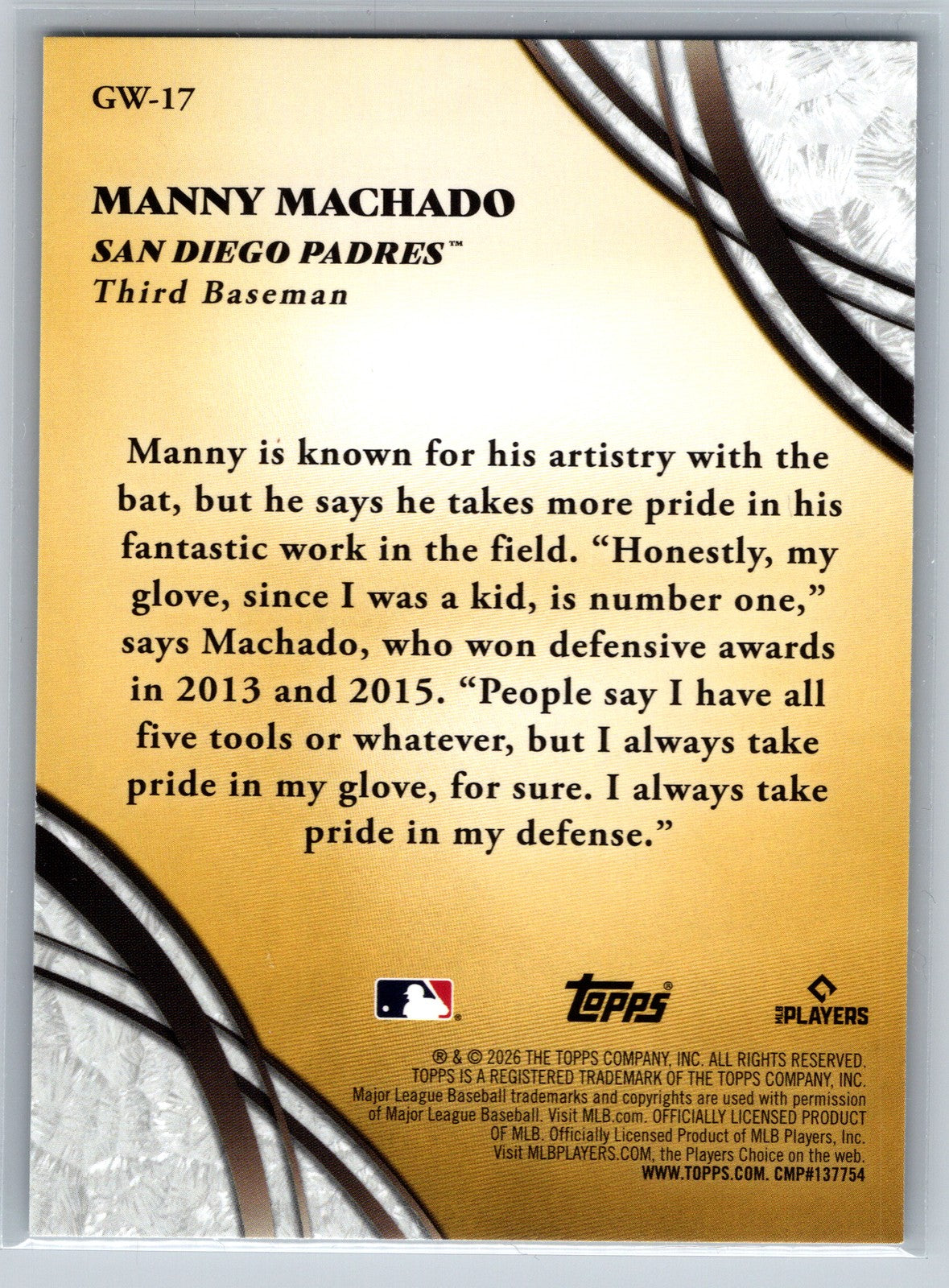 2026 Topps #GW-17 Manny Machado Glove Work