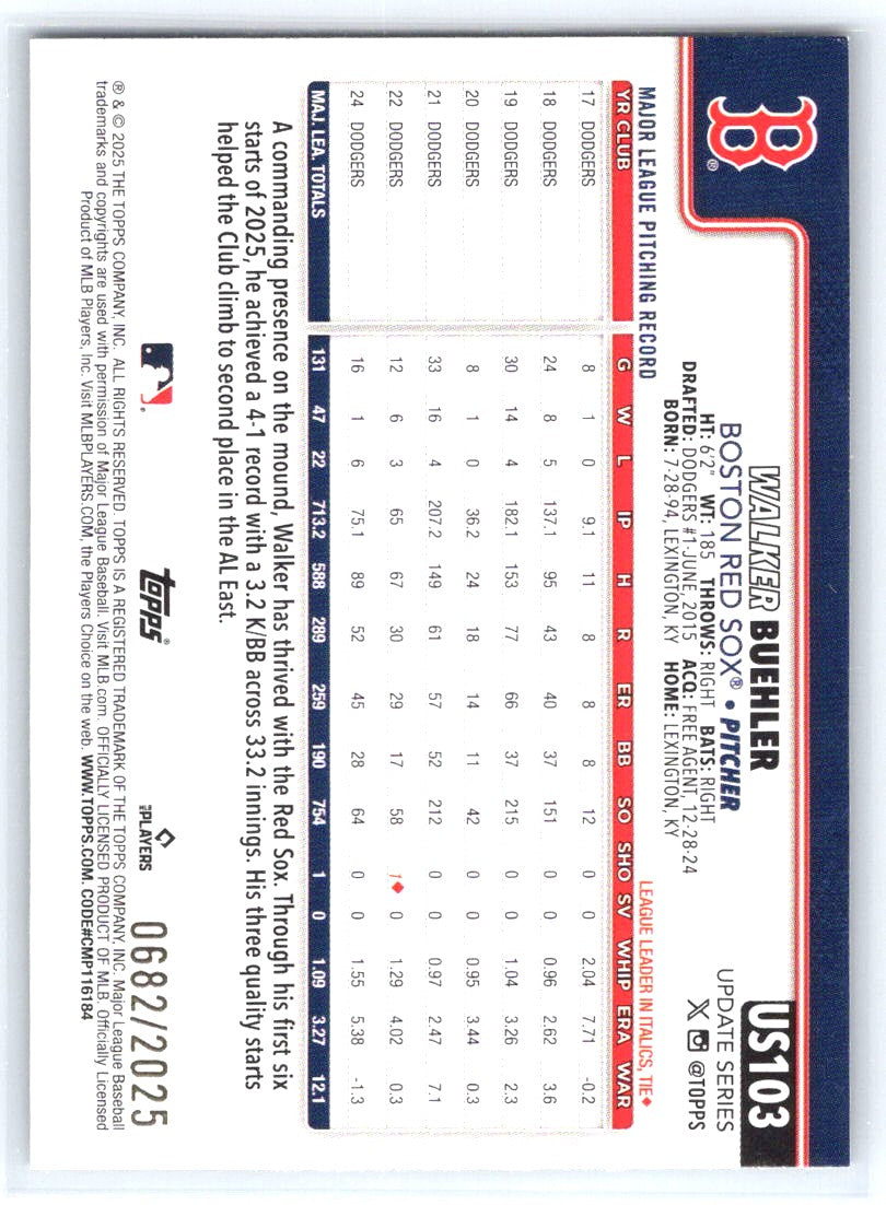 2025 Topps Update #US103 Walker Buehler Gold #/2025