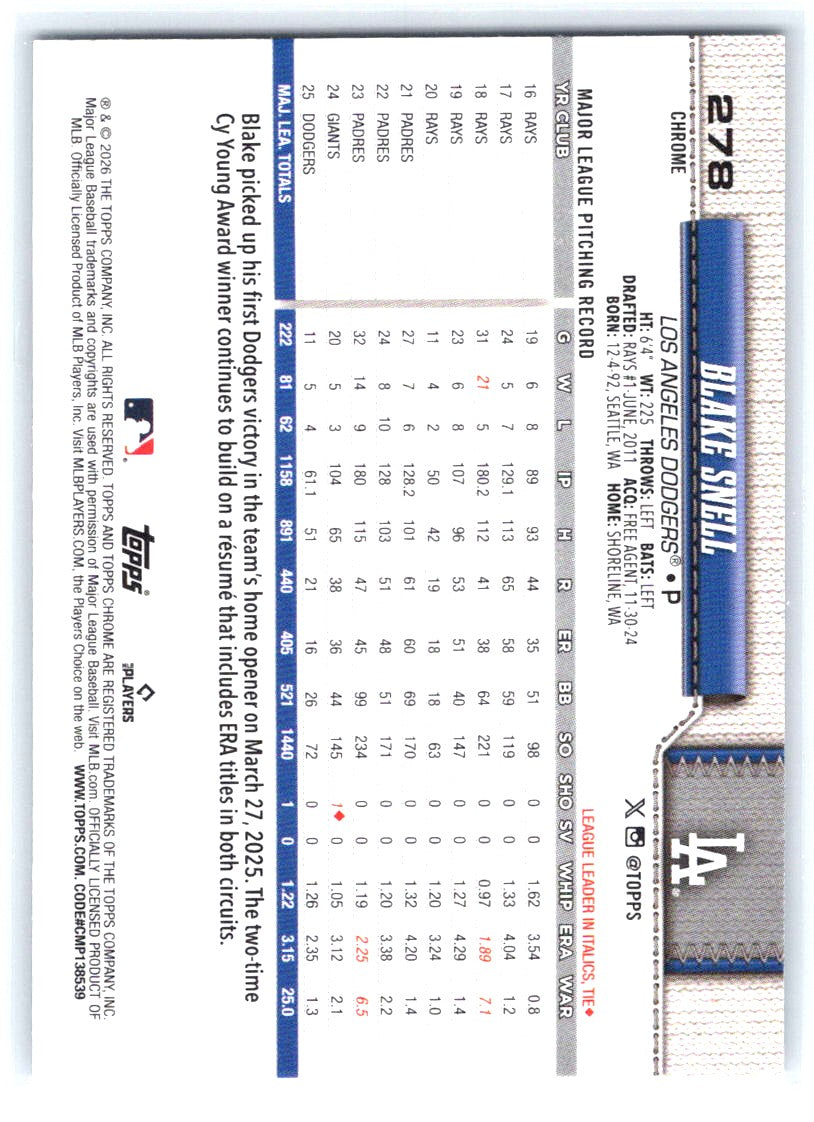 2026 Topps Chrome #278 Blake Snell Prism Refractors