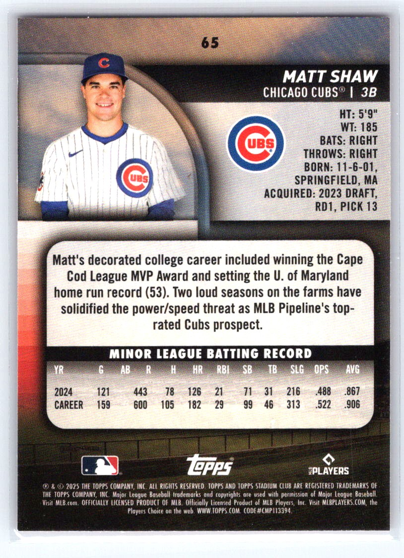 2025 Stadium Club #65 Matt Shaw Red Foil