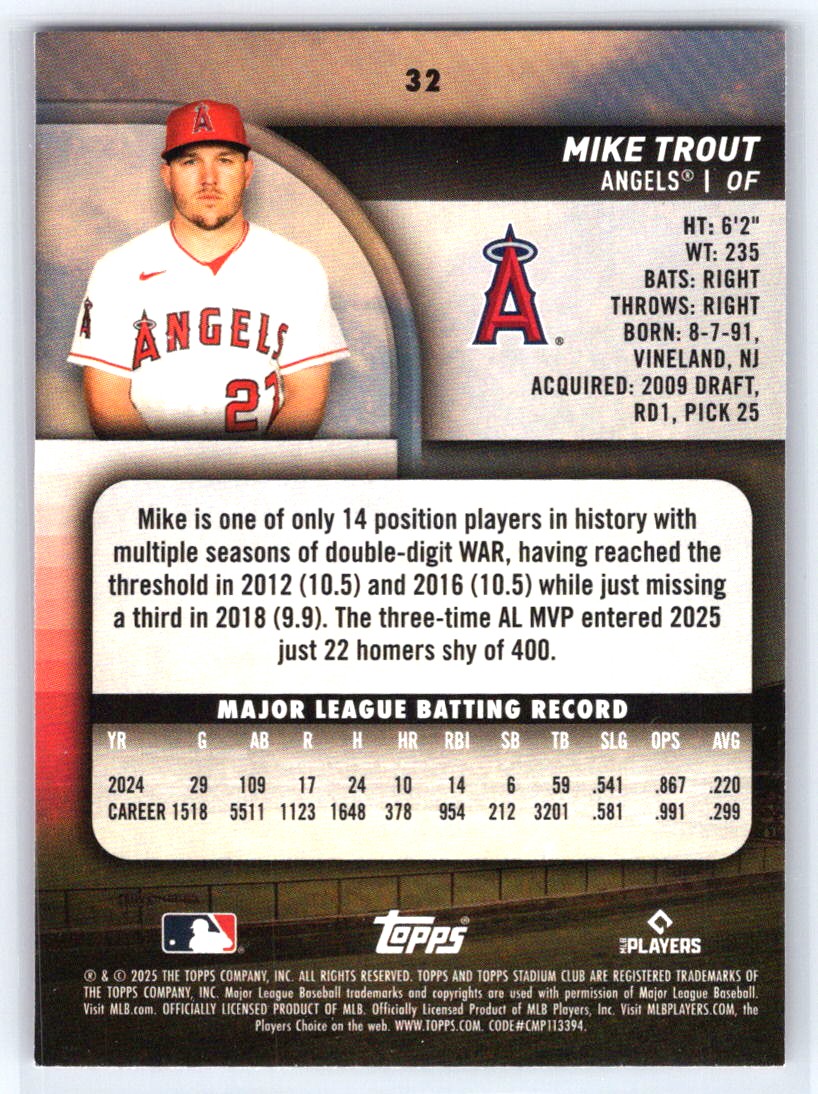 2025 Stadium Club #32 Mike Trout Pink Foil