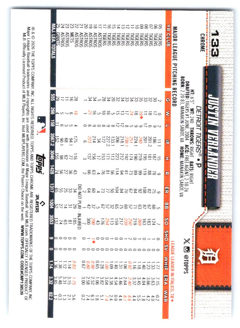 2026 Topps Chrome #133 Justin Verlander