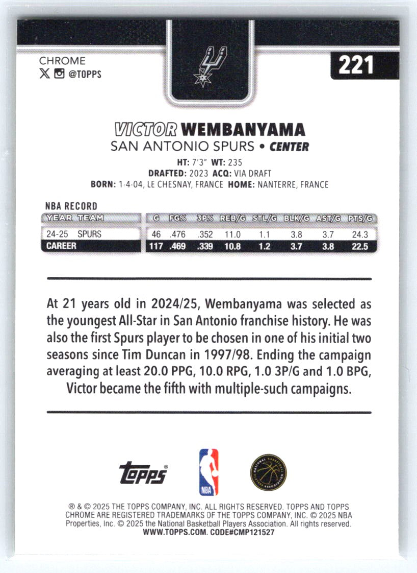 2025-26 Topps Chrome #221 Victor Wembanyama Yellow RayWave Refractor #/275