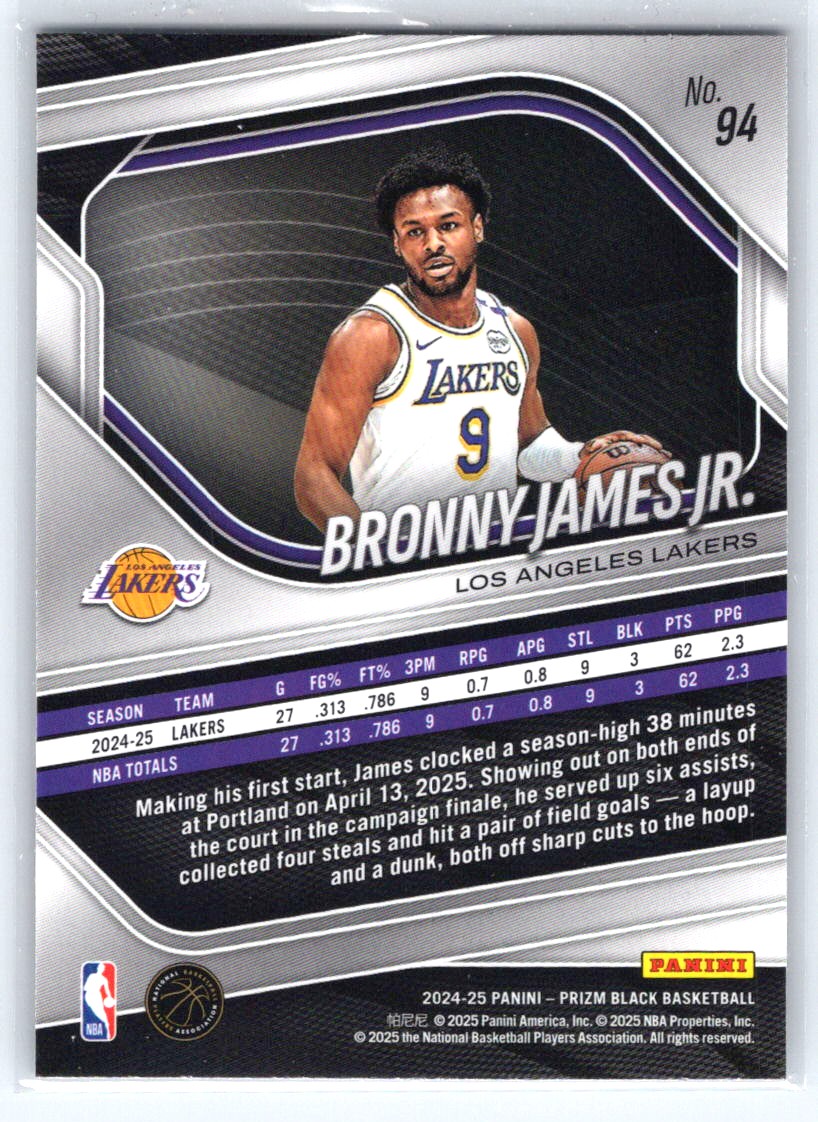 2024-25 Panini Prizm Black #94 Bronny James Jr.