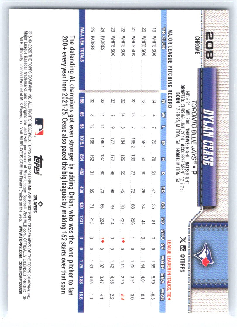 2026 Topps Chrome #208 Dylan Cease