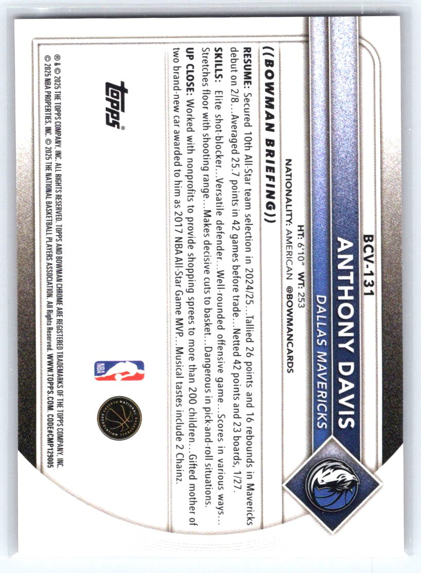 2025-26 Bowman #BCV-131 Anthony Davis Chrome Orange Mojo Refractors #/25