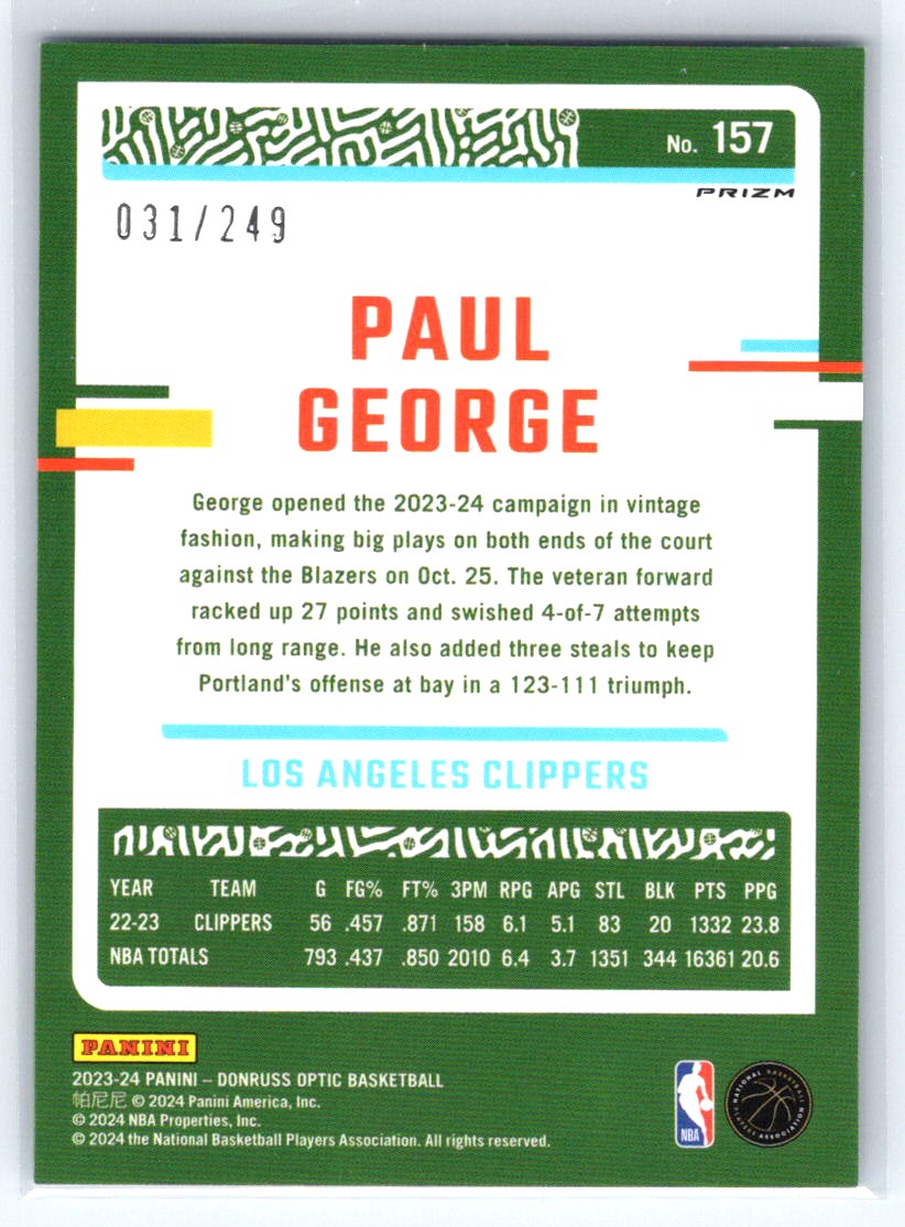 2023-24 Donruss Optic #157 Paul George Aqua #/249