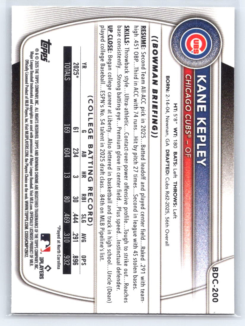 2025 Bowman Draft #BDC-200 Kane Kepley Chrome