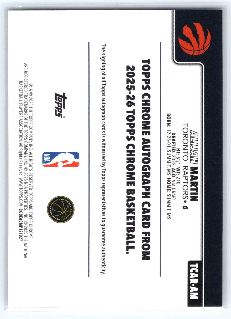 2025-26 Topps Chrome #TCAR-AM Alijah Martin Chrome Rookie Autographs