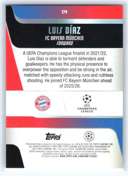 2025-26 Topps Chrome UEFA Club Competitions #179 Luis Díaz Raywave Refractor