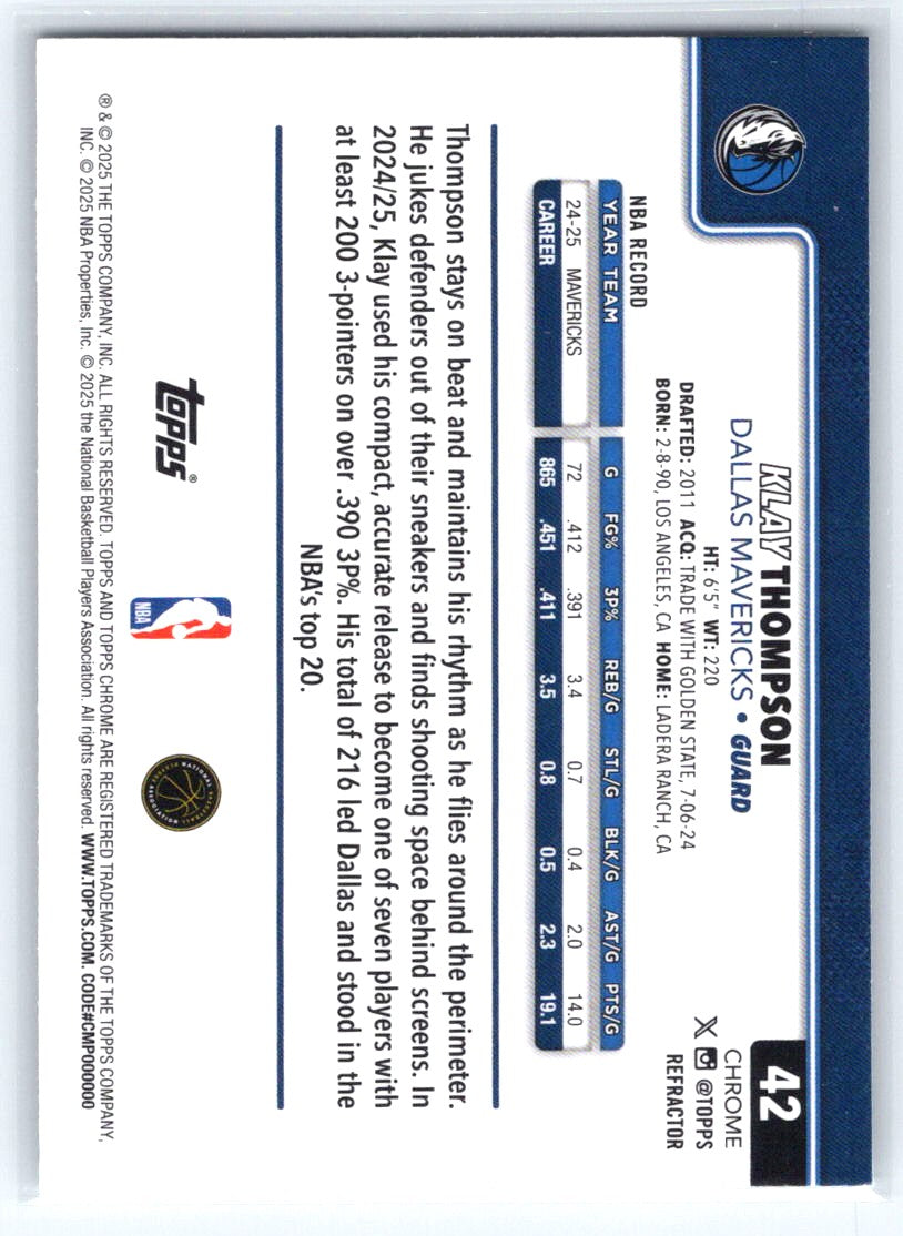 2025-26 Topps Chrome #42 Klay Thompson Refractor