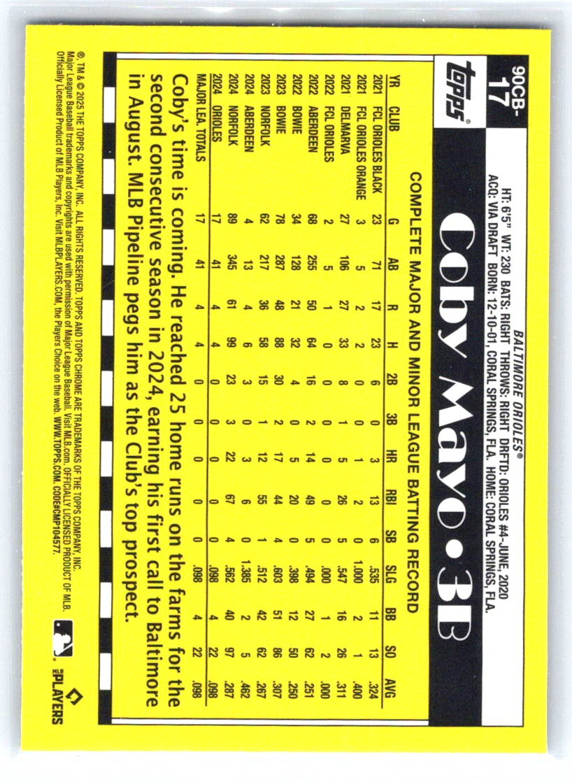 2025 Topps Chrome #90CB-17 Coby Mayo 1990 Topps Baseball 35th Anniversary