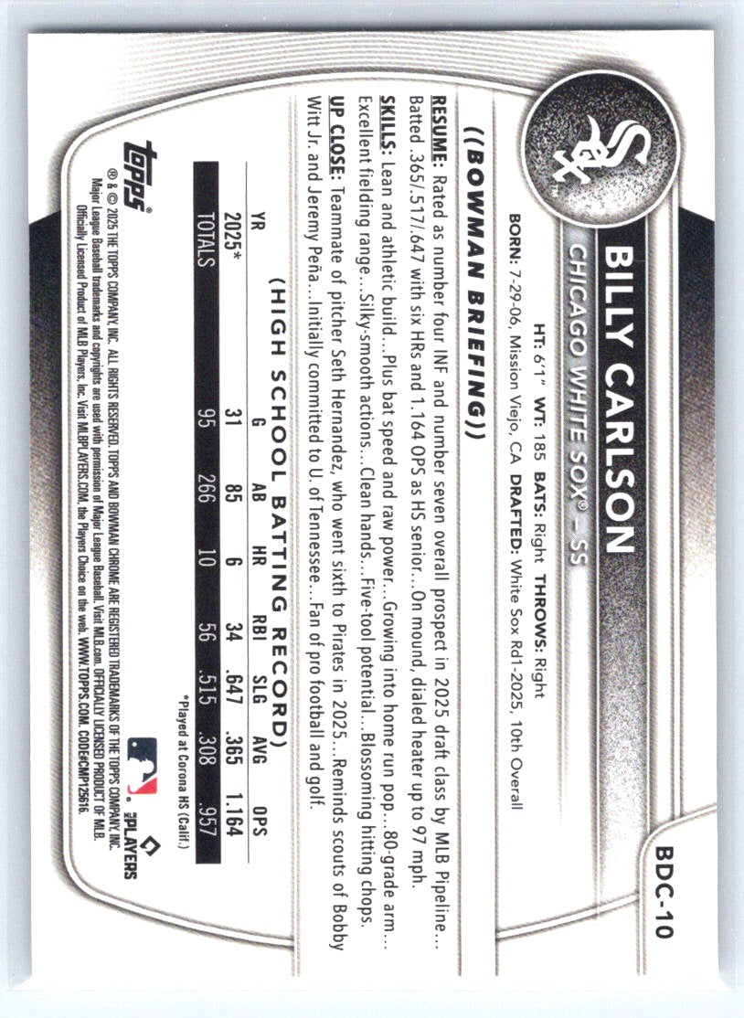 2025 Bowman Draft #BDC-10 Billy Carlson Chrome Mojo Refractor