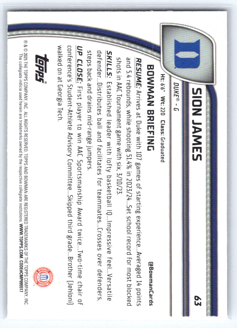 2024-25 Bowman University Chrome #63 Sion James Purple Lava Refractor