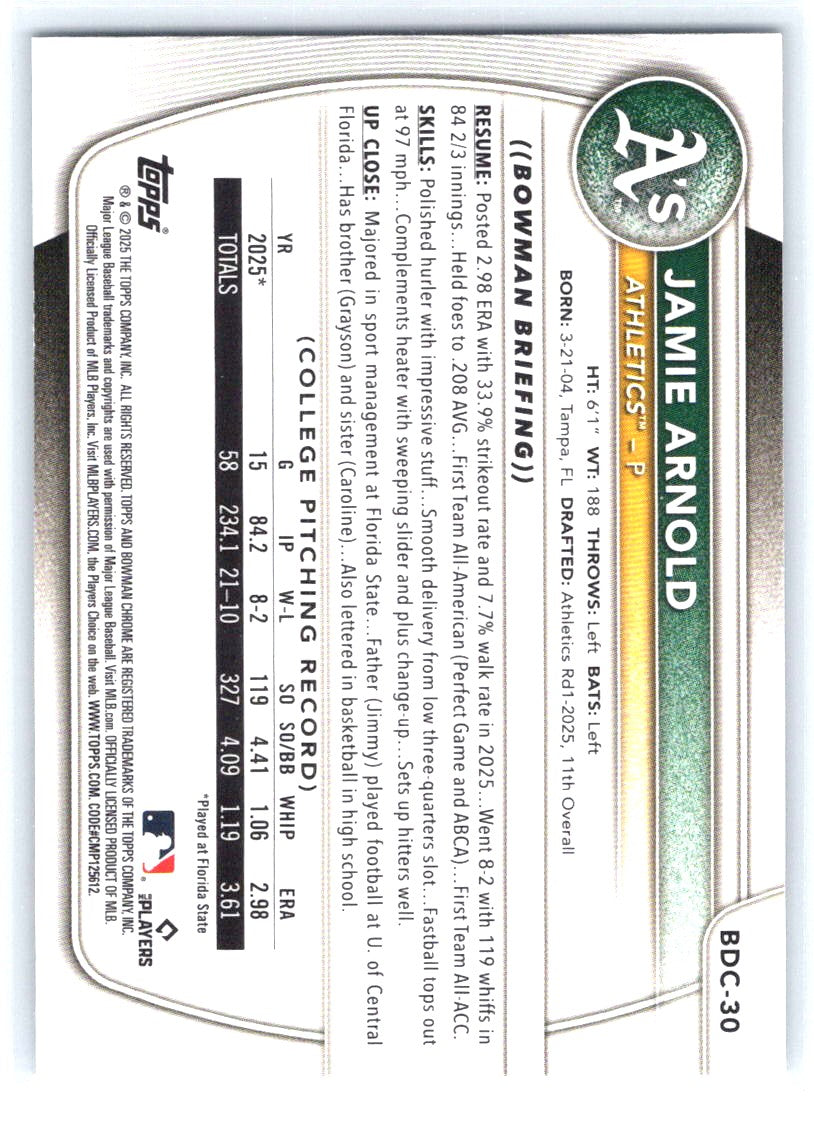 2025 Bowman Draft #BDC-30 Jamie Arnold Chrome