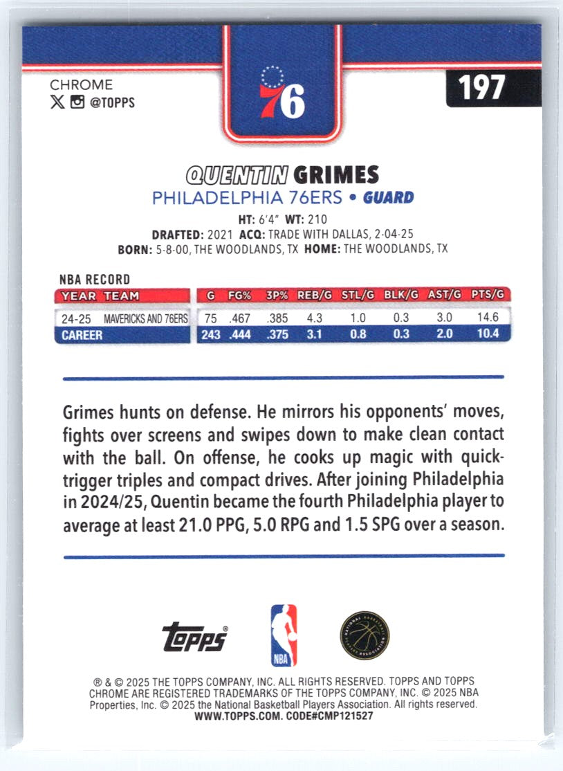 2025-26 Topps Chrome #197 Quentin Grimes X-Fractor