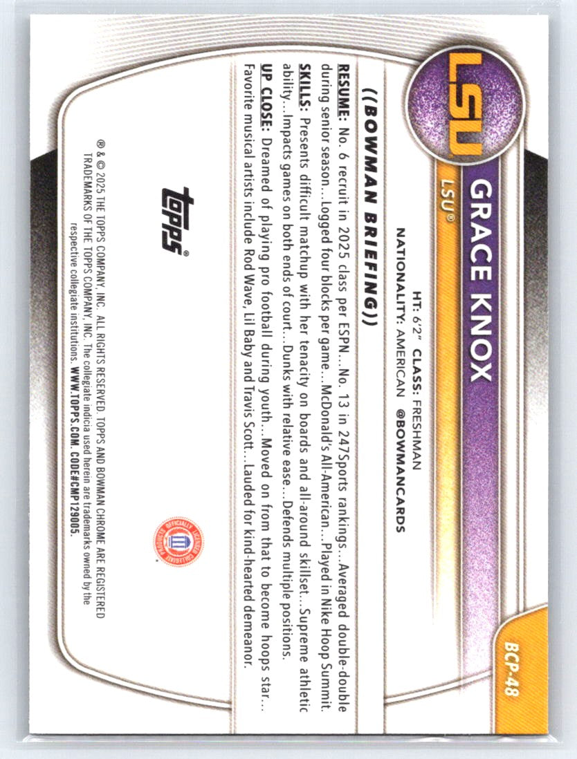 2025-26 Bowman #BCP-48 Grace Knox Chrome Prospects Reptilian Refractor