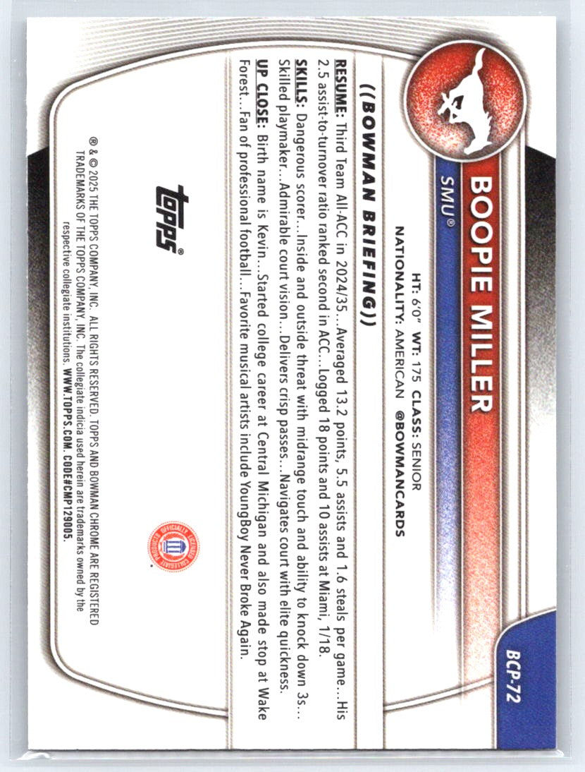 2025-26 Bowman #BCP-72 Boopie Miller Chrome Prospects