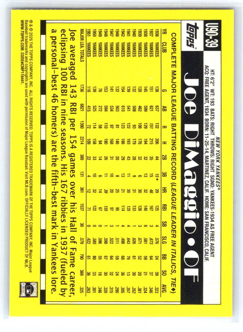 2025 Topps Update #U90-39 Joe DiMaggio 1990 Topps Baseball 35th Anniversary