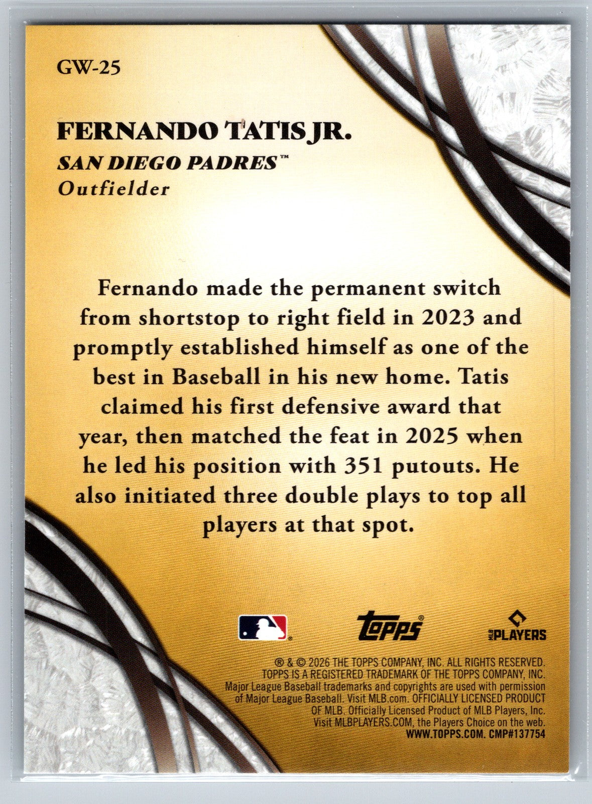 2026 Topps #GW-25 Fernando Tatis Jr. Glove Work