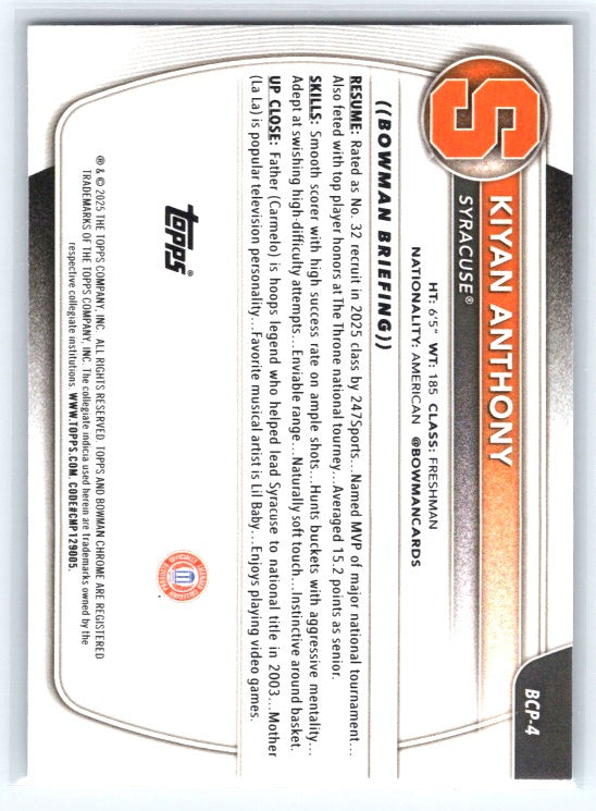 2025-26 Bowman #BCP-4 Kiyan Anthony Chrome Prospects