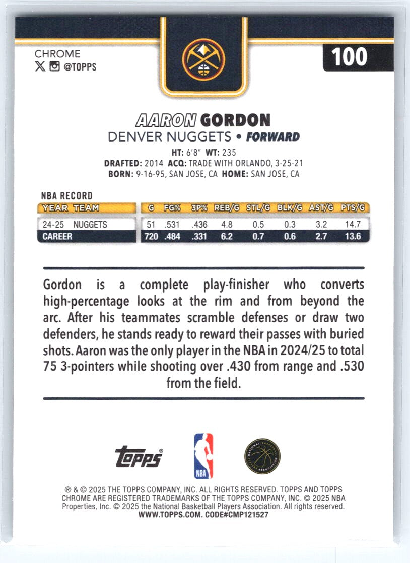 2025-26 Topps Chrome #100 Aaron Gordon RayWave Refractor