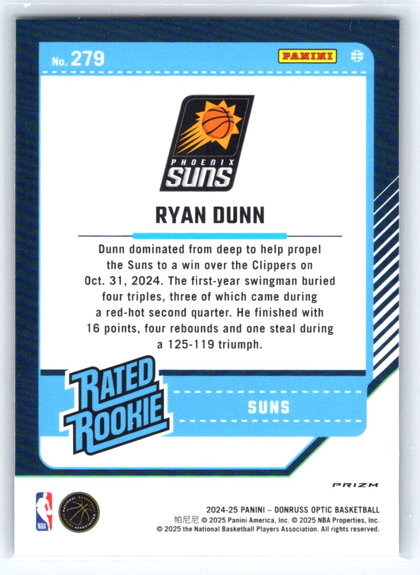 2024-25 Donruss Optic #279 Ryan Dunn Purple Shimmer