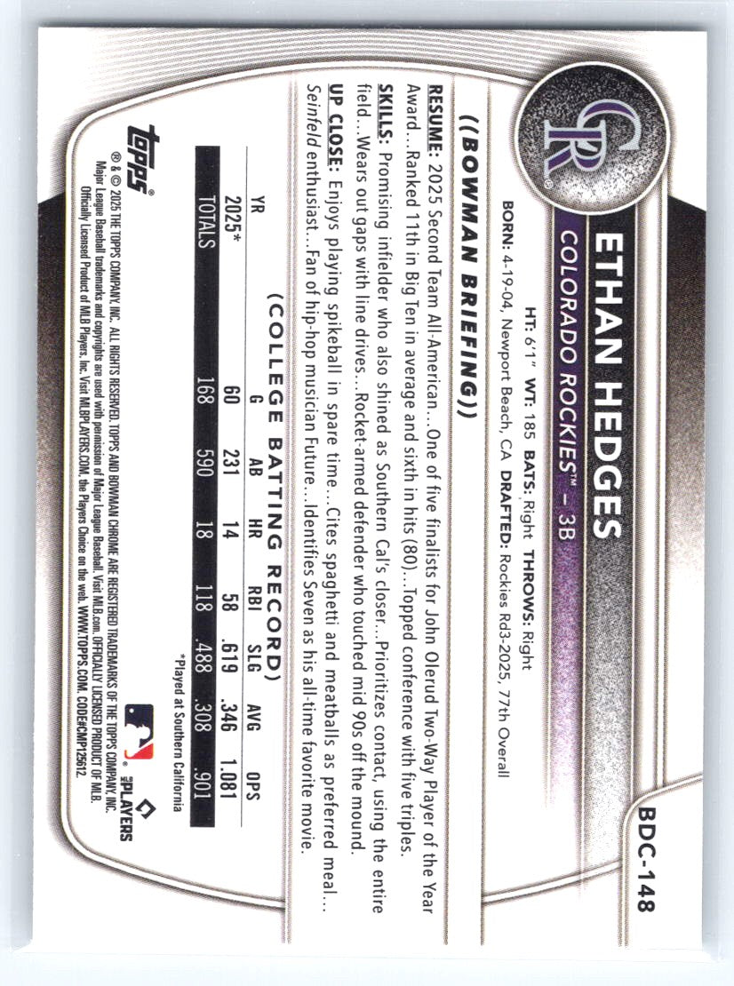 2025 Bowman Draft #BDC-148 Ethan Hedges Chrome Refractor