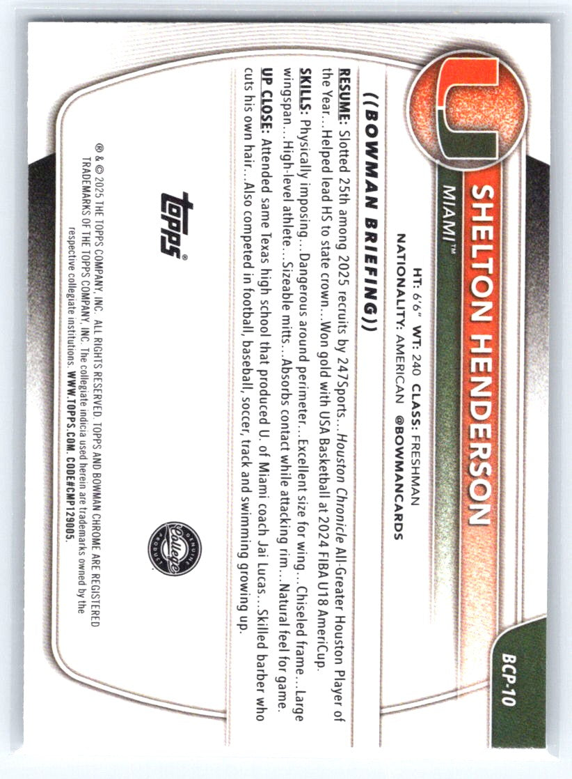 2025-26 Bowman #BCP-10 Shelton Henderson Chrome Prospects Mojo Refractor