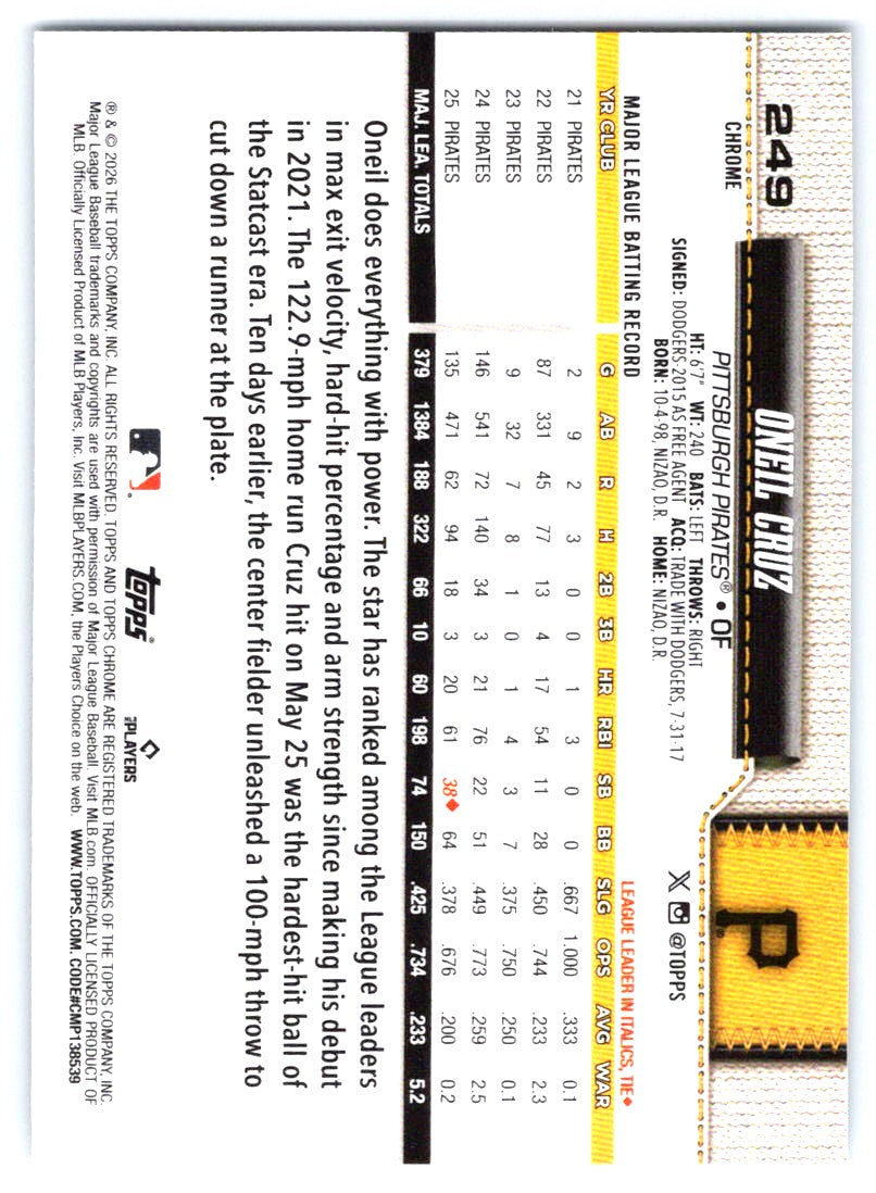 2026 Topps Chrome #249 Oneil Cruz