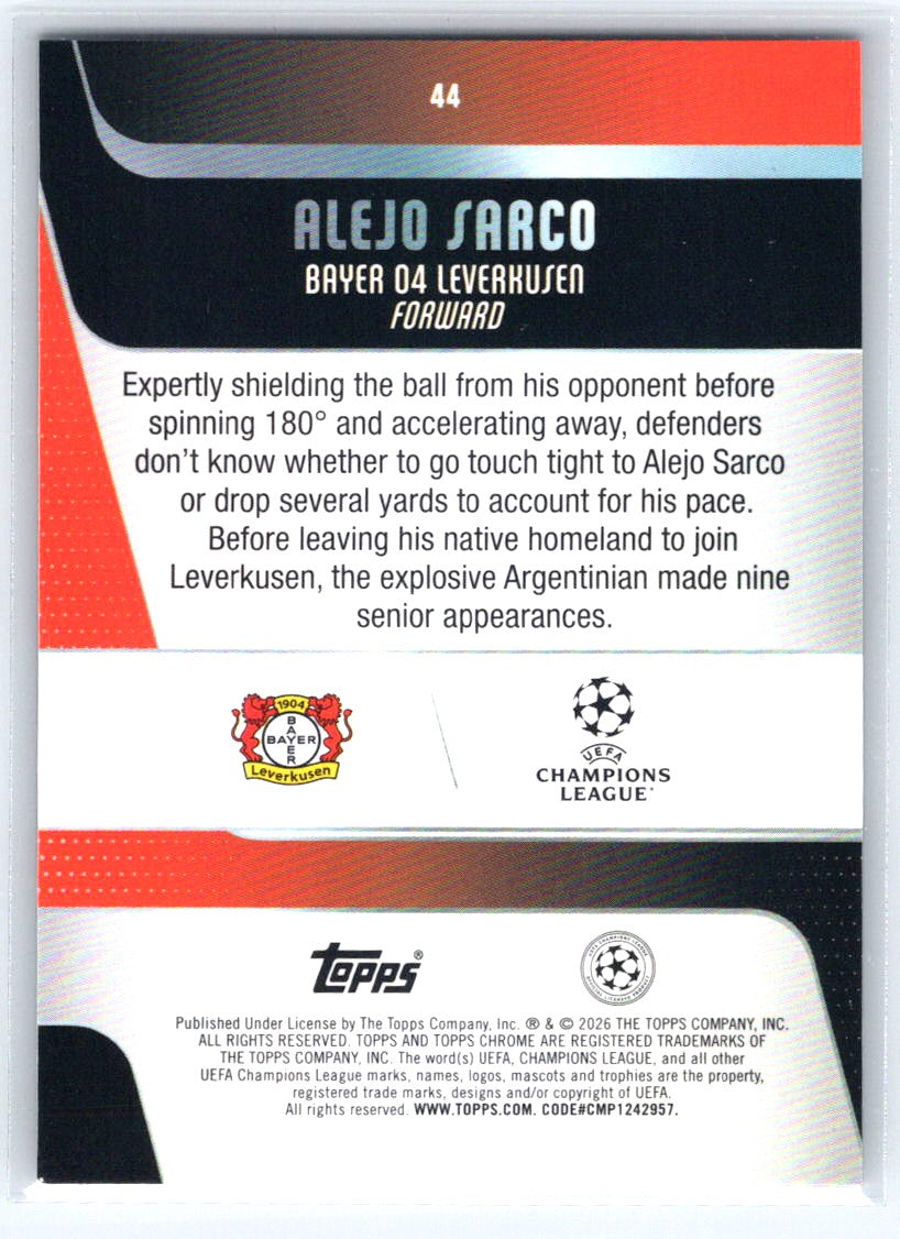 2025-26 Topps Chrome UEFA Club Competitions #44 Alejo Sarco Raywave Refractor