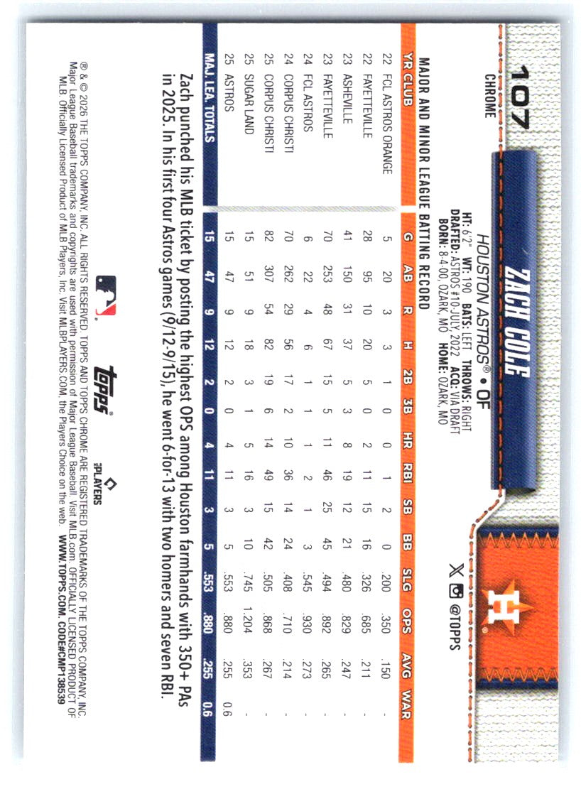 2026 Topps Chrome #107 Zach Cole