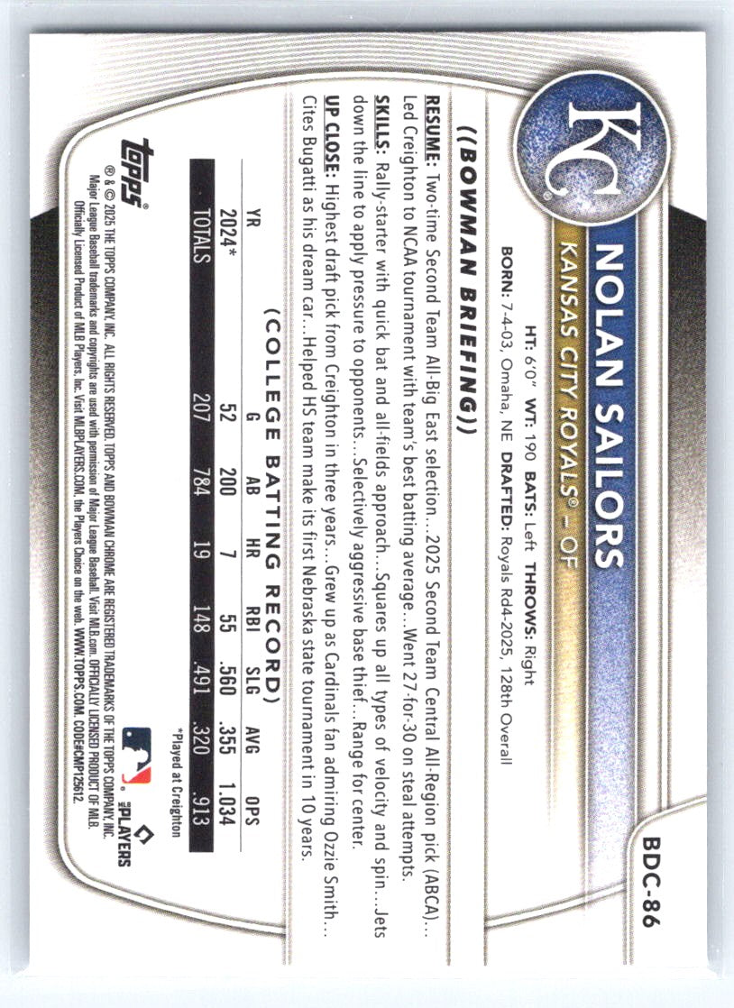 2025 Bowman Draft #BDC-86 Nolan Sailors Chrome