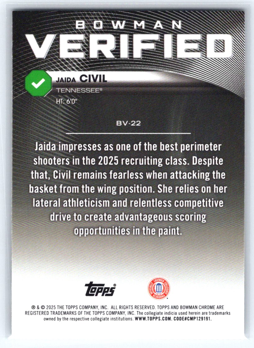 2025-26 Bowman #BV-22 Jaida Civil Bowman Verified