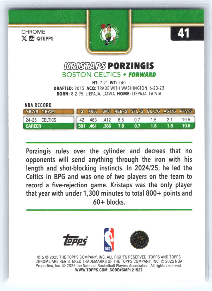2025-26 Topps Chrome #41 Kristaps Porzingis Prism Refractor