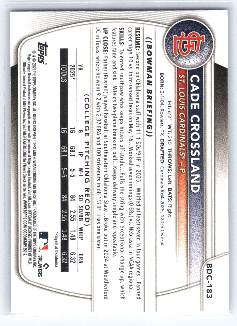 2025 Bowman Draft #BDC-183 Cade Crossland Chrome Laser Refractor