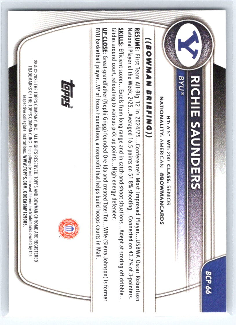 2025-26 Bowman #BCP-66 Richie Saunders Chrome Prospects