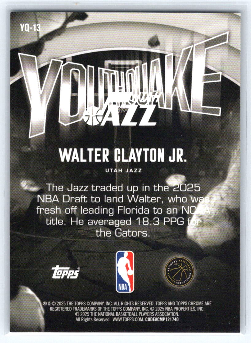 2025-26 Topps Chrome #YQ-13 Walter Clayton Jr. Youthquake Aqua Refractor #/199