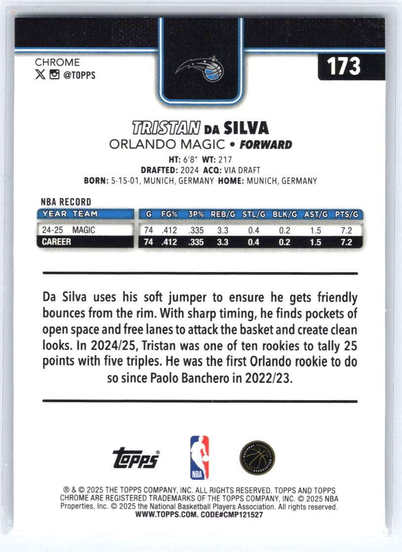 2025-26 Topps Chrome #173 Tristan da Silva X-Fractor